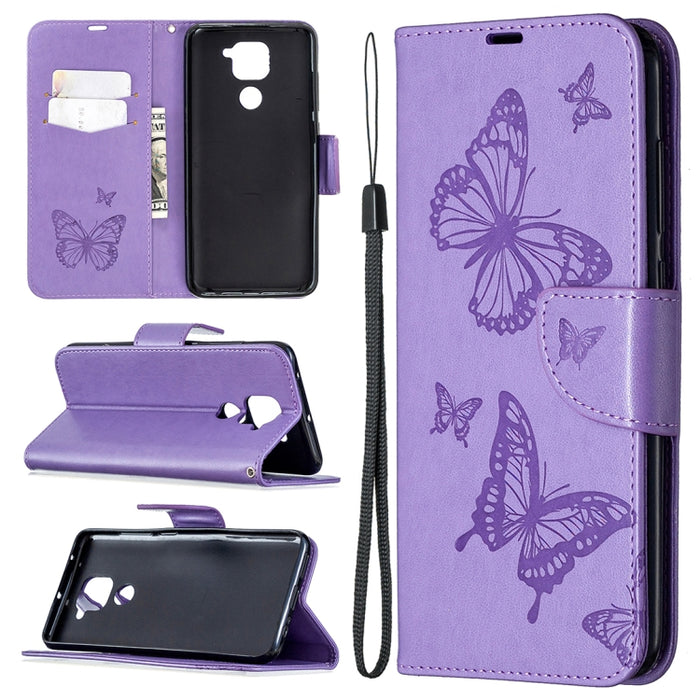 Estuche de cuero con tapa horizontal con estampado de dos mariposas con soporte, ranura para tarjeta, billetera y cordón, For Nokia 5.3, For Xiaomi Redmi Note 9