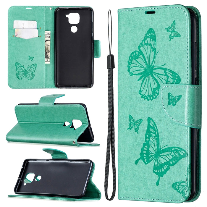 Estuche de cuero con tapa horizontal con estampado de dos mariposas con soporte, ranura para tarjeta, billetera y cordón, For Nokia 5.3, For Xiaomi Redmi Note 9
