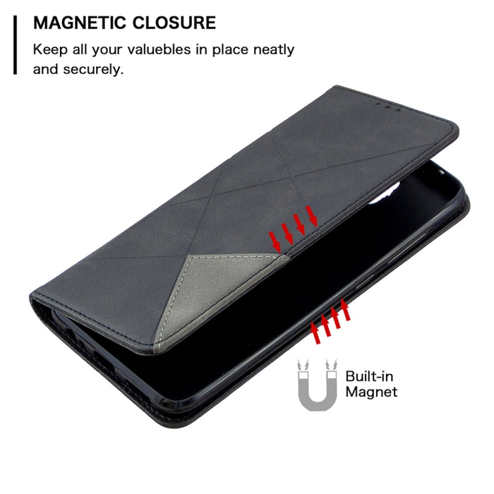 Estuche de cuero magnético con tapa horizontal con textura de rombos con soporte y ranuras para tarjetas y billetera, For Xiaomi Redmi Note 9