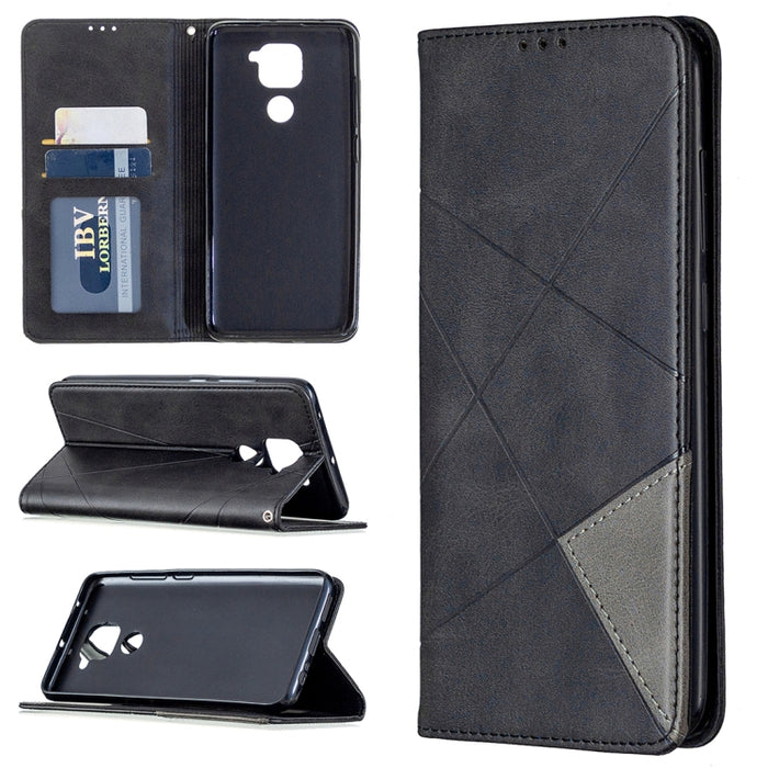 Estuche de cuero magnético con tapa horizontal con textura de rombos con soporte y ranuras para tarjetas y billetera, For Xiaomi Redmi Note 9