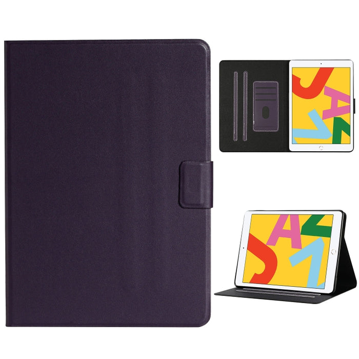 Estuche de cuero con tapa horizontal de color sólido con ranuras para tarjetas y soporte y función de suspensión / activación