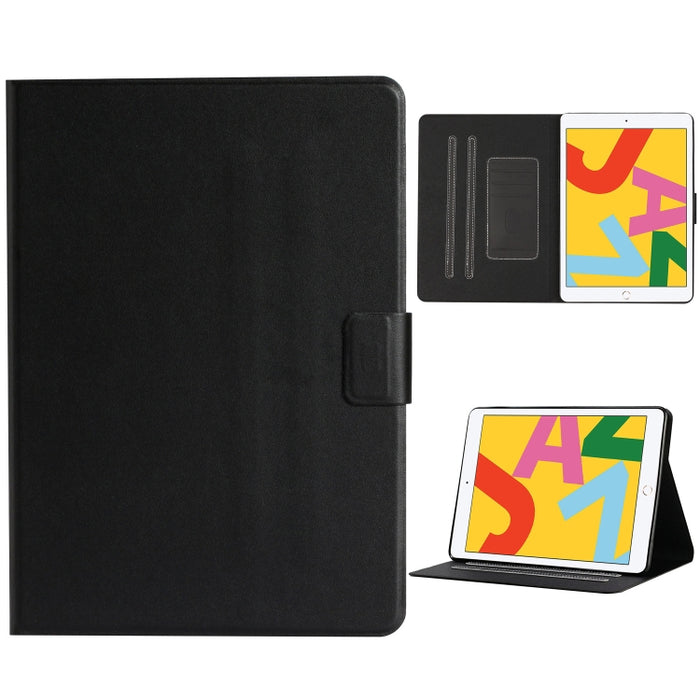 Estuche de cuero con tapa horizontal de color sólido con ranuras para tarjetas y soporte y función de suspensión / activación