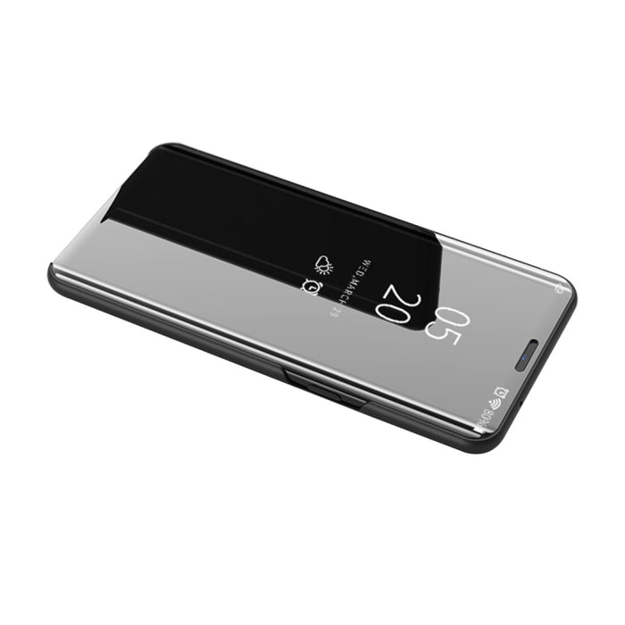 Estuche de cuero con tapa horizontal de espejo plateado con soporte