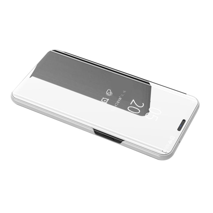 Estuche de cuero con tapa horizontal de espejo plateado con soporte
