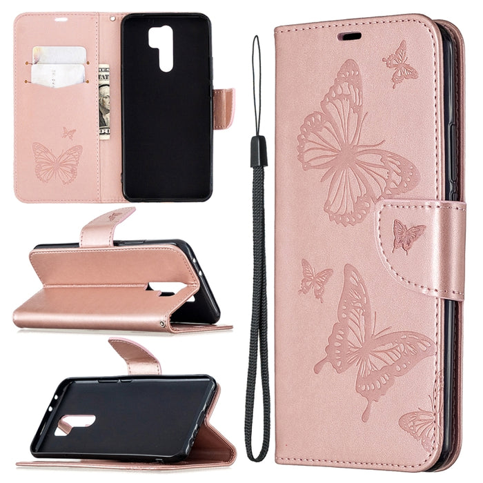 Estuche de cuero con tapa horizontal con estampado de dos mariposas con soporte, ranura para tarjeta, billetera y cordón, For Xiaomi Redmi 9, For Huawei Honor 9X Lite