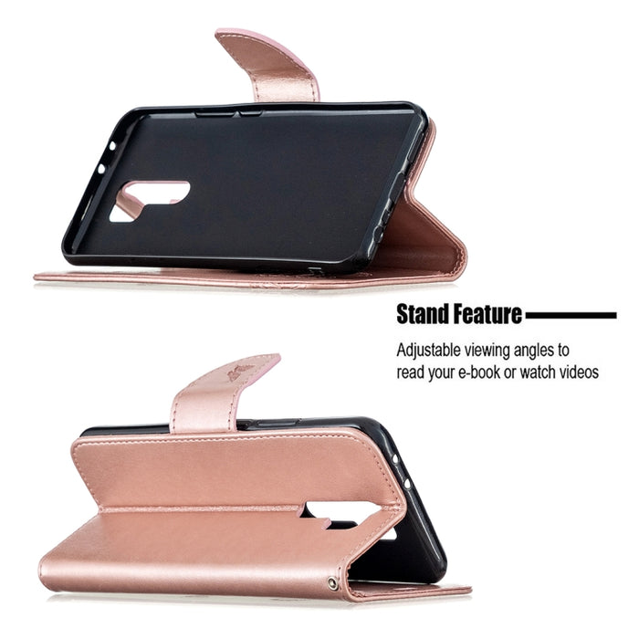 Estuche de cuero con tapa horizontal con estampado de dos mariposas con soporte, ranura para tarjeta, billetera y cordón, For Xiaomi Redmi 9, For Huawei Honor 9X Lite