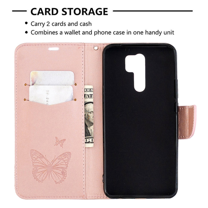 Estuche de cuero con tapa horizontal con estampado de dos mariposas con soporte, ranura para tarjeta, billetera y cordón, For Xiaomi Redmi 9, For Huawei Honor 9X Lite