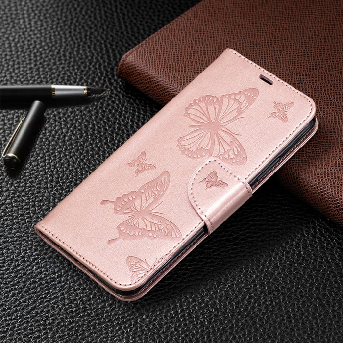 Estuche de cuero con tapa horizontal con estampado de dos mariposas con soporte, ranura para tarjeta, billetera y cordón, For Xiaomi Redmi 9, For Huawei Honor 9X Lite