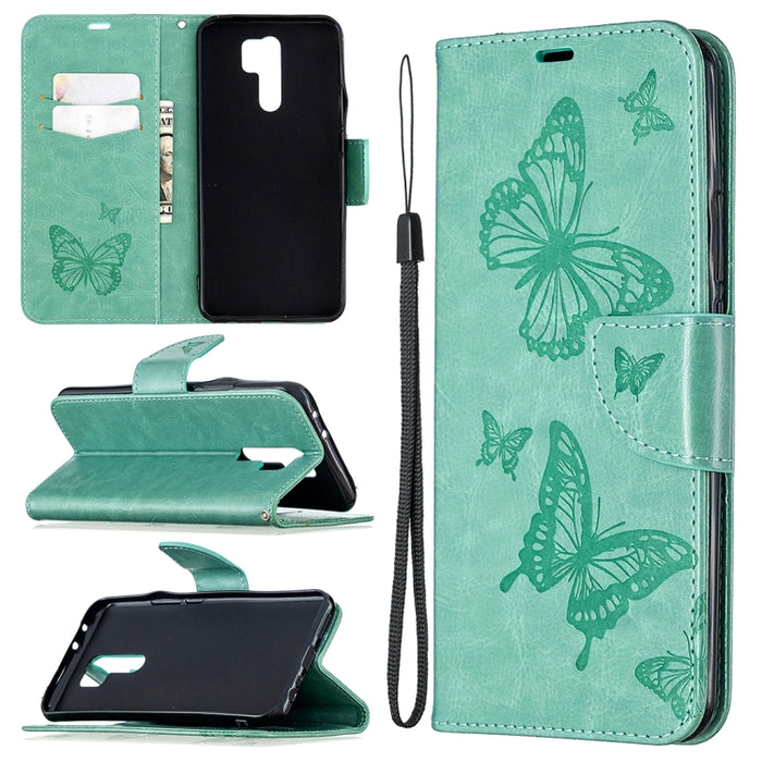 Estuche de cuero con tapa horizontal con estampado de dos mariposas con soporte, ranura para tarjeta, billetera y cordón, For Xiaomi Redmi 9, For Huawei Honor 9X Lite