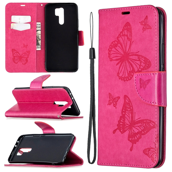 Estuche de cuero con tapa horizontal con estampado de dos mariposas con soporte, ranura para tarjeta, billetera y cordón, For Xiaomi Redmi 9, For Huawei Honor 9X Lite