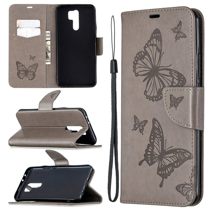 Estuche de cuero con tapa horizontal con estampado de dos mariposas con soporte, ranura para tarjeta, billetera y cordón, For Xiaomi Redmi 9, For Huawei Honor 9X Lite