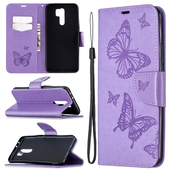 Estuche de cuero con tapa horizontal con estampado de dos mariposas con soporte, ranura para tarjeta, billetera y cordón, For Xiaomi Redmi 9, For Huawei Honor 9X Lite