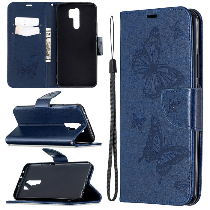 Estuche de cuero con tapa horizontal con estampado de dos mariposas con soporte, ranura para tarjeta, billetera y cordón, For Xiaomi Redmi 9, For Huawei Honor 9X Lite