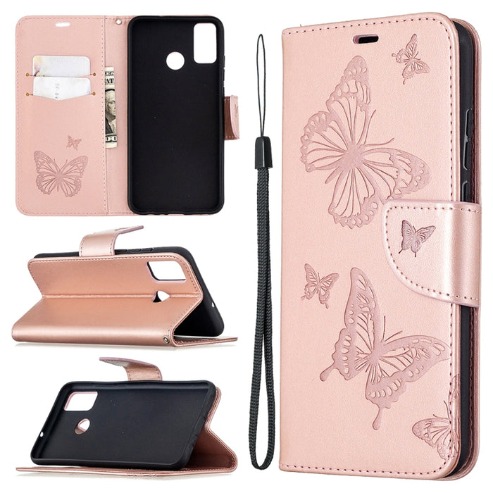 Estuche de cuero con tapa horizontal con estampado de dos mariposas con soporte, ranura para tarjeta, billetera y cordón, For Xiaomi Redmi 9, For Huawei Honor 9X Lite