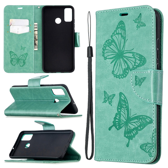 Estuche de cuero con tapa horizontal con estampado de dos mariposas con soporte, ranura para tarjeta, billetera y cordón, For Xiaomi Redmi 9, For Huawei Honor 9X Lite