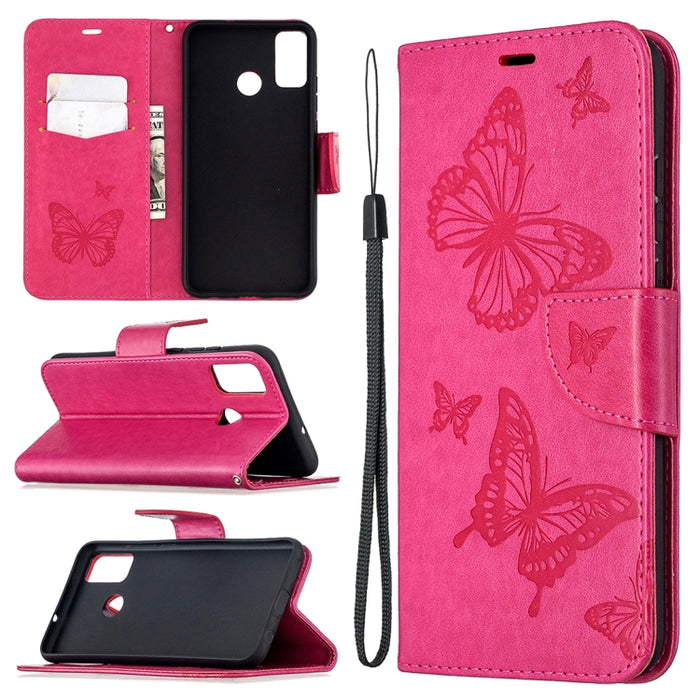 Estuche de cuero con tapa horizontal con estampado de dos mariposas con soporte, ranura para tarjeta, billetera y cordón, For Xiaomi Redmi 9, For Huawei Honor 9X Lite