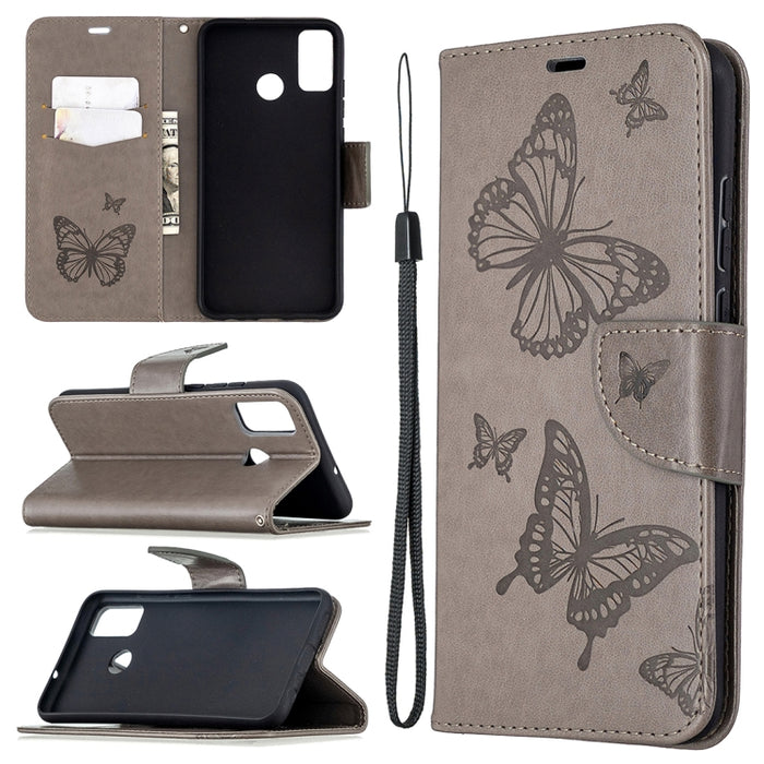 Estuche de cuero con tapa horizontal con estampado de dos mariposas con soporte, ranura para tarjeta, billetera y cordón, For Xiaomi Redmi 9, For Huawei Honor 9X Lite