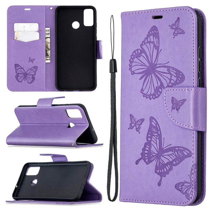 Estuche de cuero con tapa horizontal con estampado de dos mariposas con soporte, ranura para tarjeta, billetera y cordón, For Xiaomi Redmi 9, For Huawei Honor 9X Lite