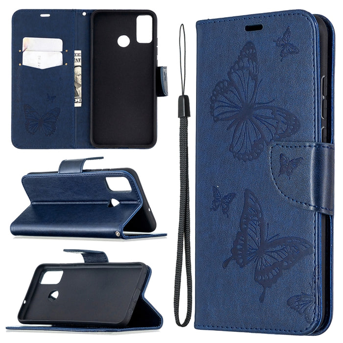 Estuche de cuero con tapa horizontal con estampado de dos mariposas con soporte, ranura para tarjeta, billetera y cordón, For Xiaomi Redmi 9, For Huawei Honor 9X Lite