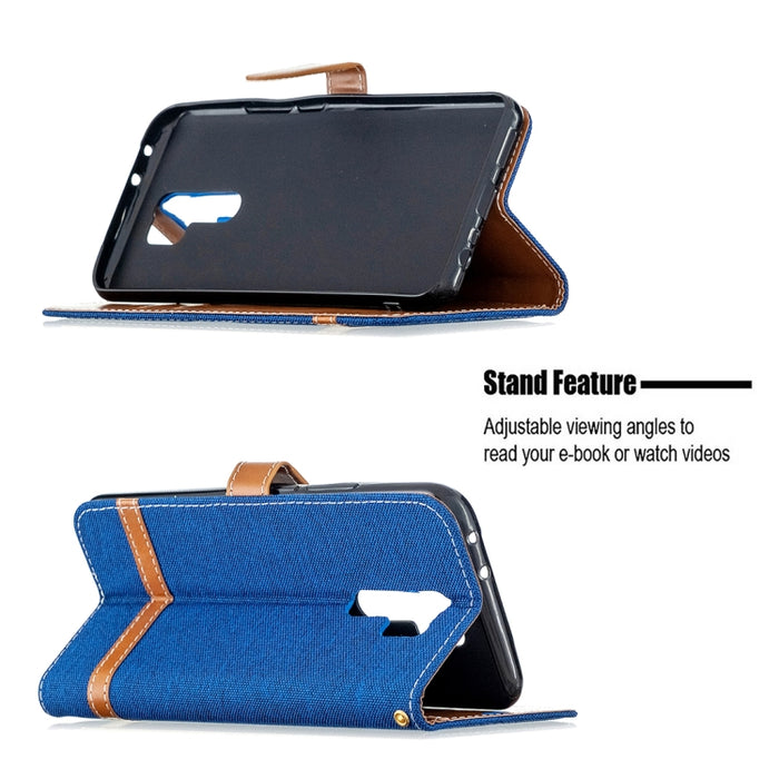 Estuche de cuero con tapa horizontal de textura de mezclilla a juego con soporte y ranuras para tarjetas y billetera y cordón, For Xiaomi Redmi 9, For Huawei Honor 9X Lite