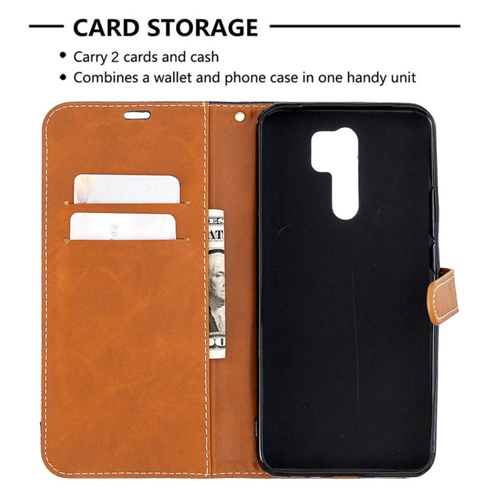 Estuche de cuero con tapa horizontal de textura de mezclilla a juego con soporte y ranuras para tarjetas y billetera y cordón, For Xiaomi Redmi 9, For Huawei Honor 9X Lite