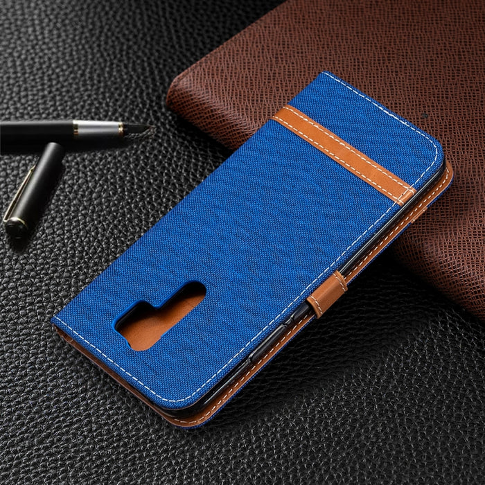 Estuche de cuero con tapa horizontal de textura de mezclilla a juego con soporte y ranuras para tarjetas y billetera y cordón, For Xiaomi Redmi 9, For Huawei Honor 9X Lite