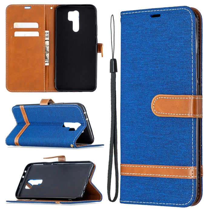 Estuche de cuero con tapa horizontal de textura de mezclilla a juego con soporte y ranuras para tarjetas y billetera y cordón, For Xiaomi Redmi 9, For Huawei Honor 9X Lite