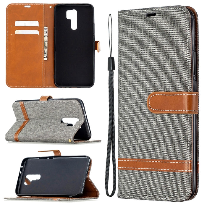 Estuche de cuero con tapa horizontal de textura de mezclilla a juego con soporte y ranuras para tarjetas y billetera y cordón, For Xiaomi Redmi 9, For Huawei Honor 9X Lite
