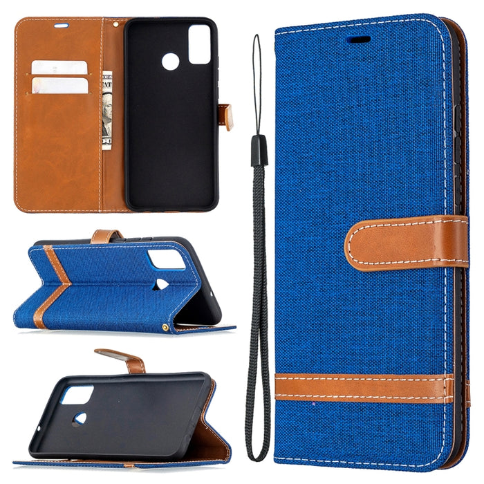 Estuche de cuero con tapa horizontal de textura de mezclilla a juego con soporte y ranuras para tarjetas y billetera y cordón, For Xiaomi Redmi 9, For Huawei Honor 9X Lite