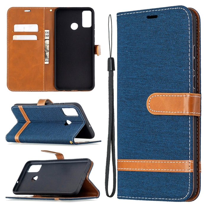 Estuche de cuero con tapa horizontal de textura de mezclilla a juego con soporte y ranuras para tarjetas y billetera y cordón, For Xiaomi Redmi 9, For Huawei Honor 9X Lite