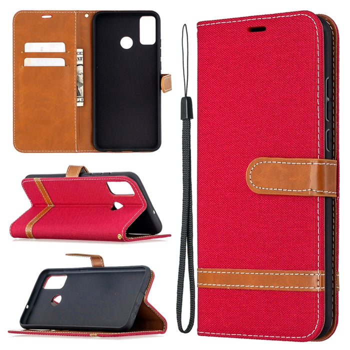 Estuche de cuero con tapa horizontal de textura de mezclilla a juego con soporte y ranuras para tarjetas y billetera y cordón, For Xiaomi Redmi 9, For Huawei Honor 9X Lite