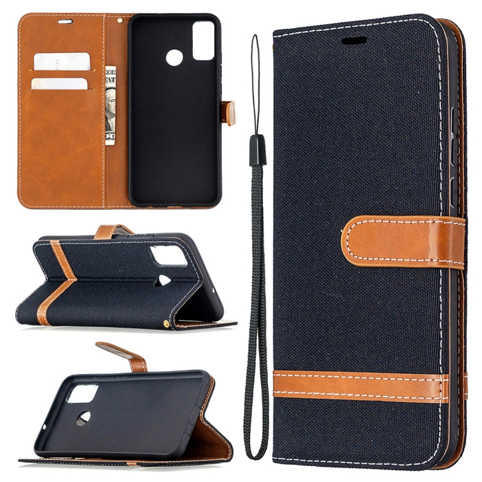 Estuche de cuero con tapa horizontal de textura de mezclilla a juego con soporte y ranuras para tarjetas y billetera y cordón, For Xiaomi Redmi 9, For Huawei Honor 9X Lite