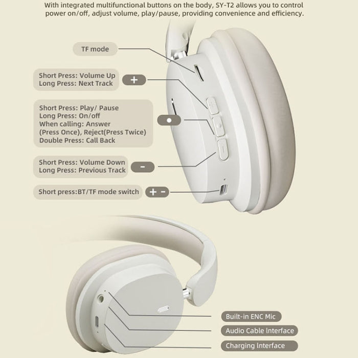 Auriculares inalámbricos plegables para juegos con reducción de ruido ENC estéreo de alta definición T2 con micrófono, T2