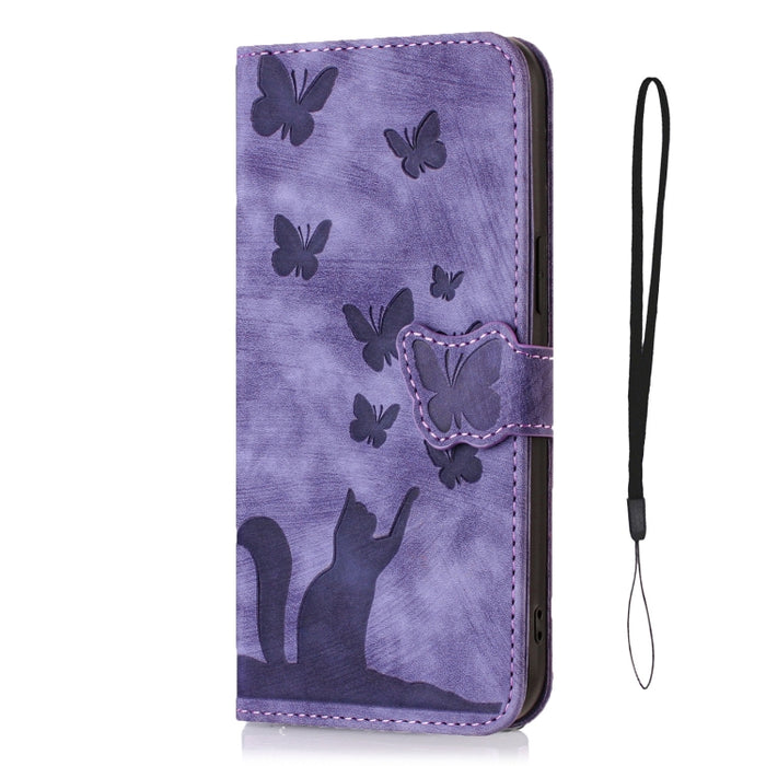 Funda para teléfono con tapa de cuero con estampado de gato y mariposa, For iPhone 12 mini, For iPhone 11 Pro Max, For iPhone 11, For iPhone 11 Pro, For iPhone X / XS, For iPhone XR, For iPhone XS Max, For iPhone 8 Plus / 7 Plus