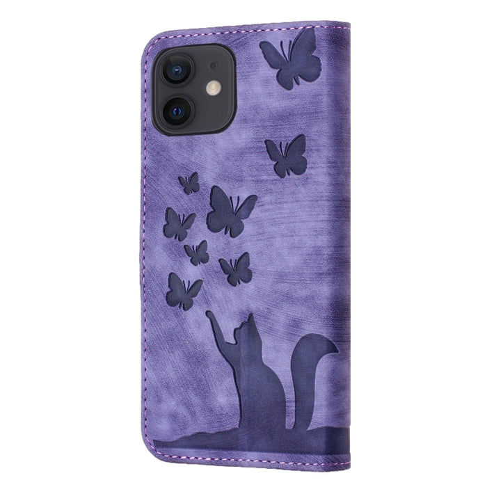 Funda para teléfono con tapa de cuero con estampado de gato y mariposa, For iPhone 12 mini, For iPhone 11 Pro Max, For iPhone 11, For iPhone 11 Pro, For iPhone X / XS, For iPhone XR, For iPhone XS Max, For iPhone 8 Plus / 7 Plus