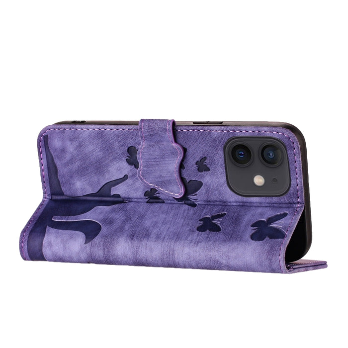 Funda para teléfono con tapa de cuero con estampado de gato y mariposa, For iPhone 12 mini, For iPhone 11 Pro Max, For iPhone 11, For iPhone 11 Pro, For iPhone X / XS, For iPhone XR, For iPhone XS Max, For iPhone 8 Plus / 7 Plus