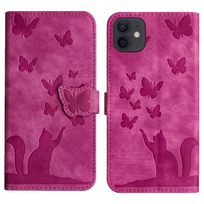 Funda para teléfono con tapa de cuero con estampado de gato y mariposa, For iPhone 12 mini, For iPhone 11 Pro Max, For iPhone 11, For iPhone 11 Pro, For iPhone X / XS, For iPhone XR, For iPhone XS Max, For iPhone 8 Plus / 7 Plus