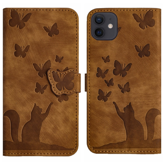 Funda para teléfono con tapa de cuero con estampado de gato y mariposa, For iPhone 12 mini, For iPhone 11 Pro Max, For iPhone 11, For iPhone 11 Pro, For iPhone X / XS, For iPhone XR, For iPhone XS Max, For iPhone 8 Plus / 7 Plus