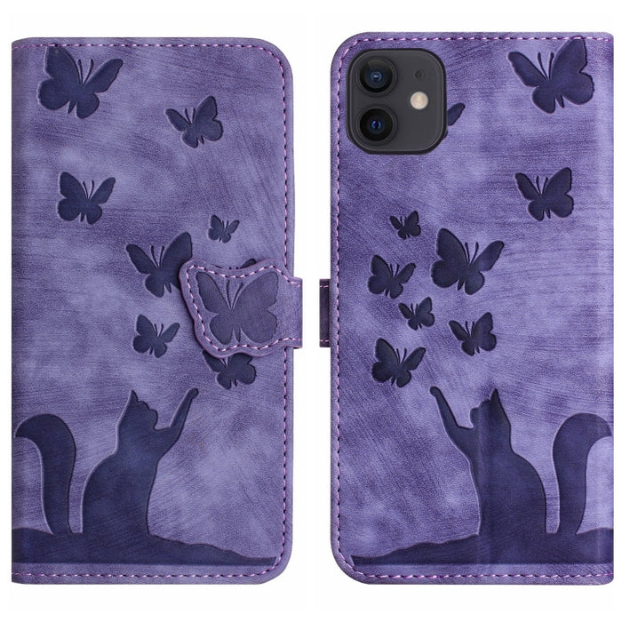 Funda para teléfono con tapa de cuero con estampado de gato y mariposa, For iPhone 12 mini, For iPhone 11 Pro Max, For iPhone 11, For iPhone 11 Pro, For iPhone X / XS, For iPhone XR, For iPhone XS Max, For iPhone 8 Plus / 7 Plus