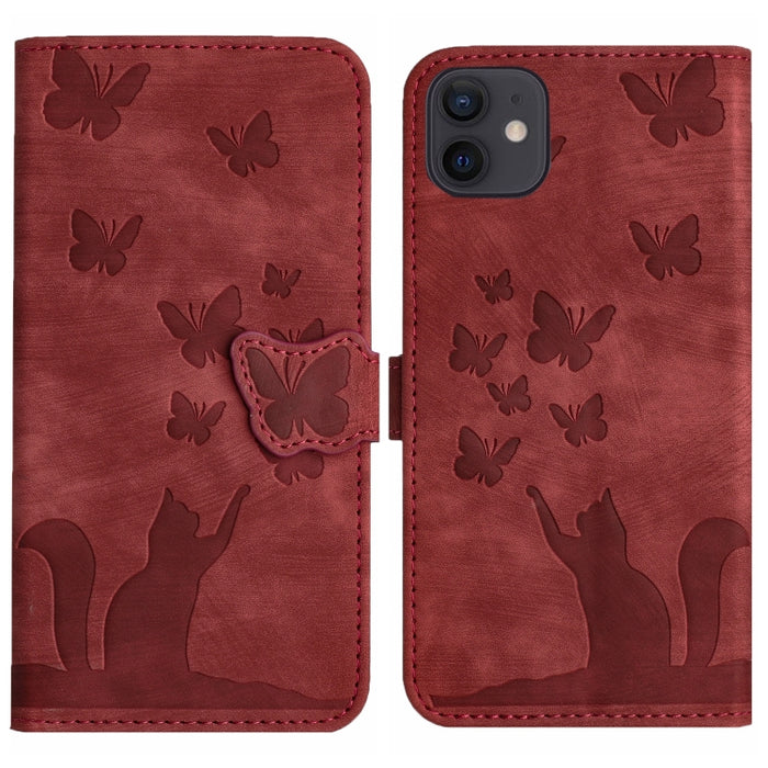 Funda para teléfono con tapa de cuero con estampado de gato y mariposa, For iPhone 12 mini, For iPhone 11 Pro Max, For iPhone 11, For iPhone 11 Pro, For iPhone X / XS, For iPhone XR, For iPhone XS Max, For iPhone 8 Plus / 7 Plus