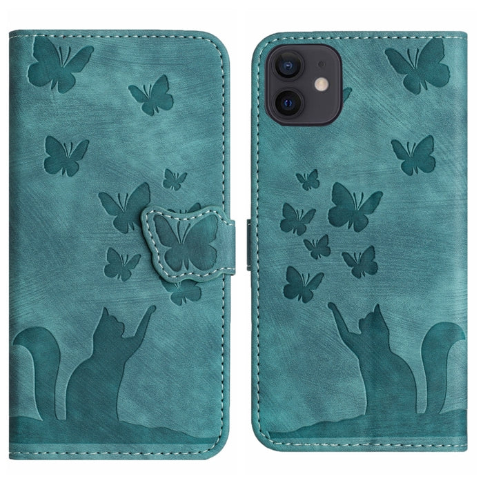 Funda para teléfono con tapa de cuero con estampado de gato y mariposa, For iPhone 12 mini, For iPhone 11 Pro Max, For iPhone 11, For iPhone 11 Pro, For iPhone X / XS, For iPhone XR, For iPhone XS Max, For iPhone 8 Plus / 7 Plus