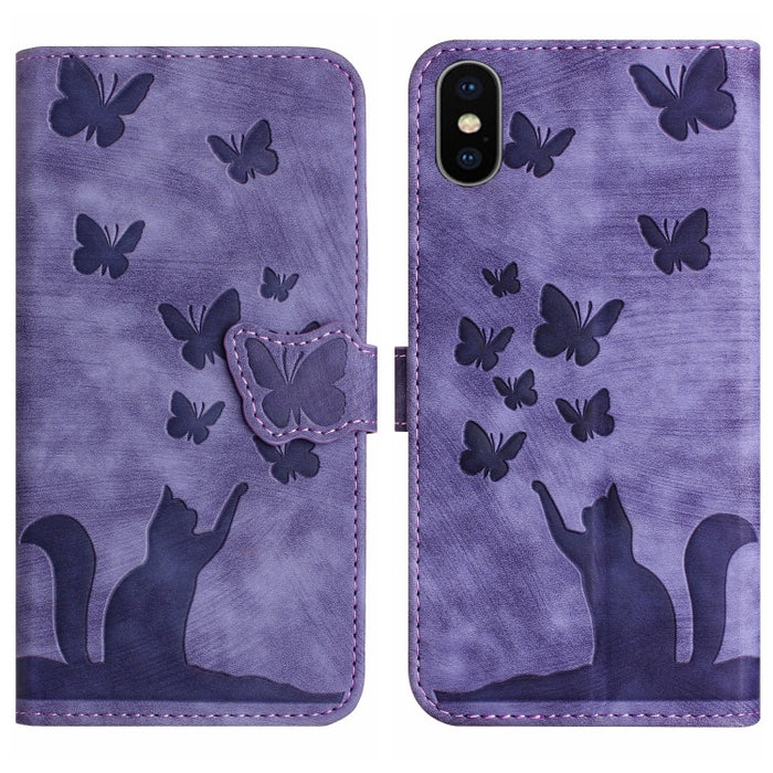 Funda para teléfono con tapa de cuero con estampado de gato y mariposa, For iPhone 12 mini, For iPhone 11 Pro Max, For iPhone 11, For iPhone 11 Pro, For iPhone X / XS, For iPhone XR, For iPhone XS Max, For iPhone 8 Plus / 7 Plus