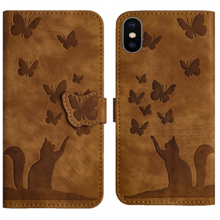 Funda para teléfono con tapa de cuero con estampado de gato y mariposa, For iPhone 12 mini, For iPhone 11 Pro Max, For iPhone 11, For iPhone 11 Pro, For iPhone X / XS, For iPhone XR, For iPhone XS Max, For iPhone 8 Plus / 7 Plus