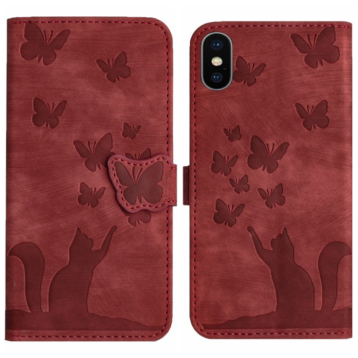 Funda para teléfono con tapa de cuero con estampado de gato y mariposa, For iPhone 12 mini, For iPhone 11 Pro Max, For iPhone 11, For iPhone 11 Pro, For iPhone X / XS, For iPhone XR, For iPhone XS Max, For iPhone 8 Plus / 7 Plus