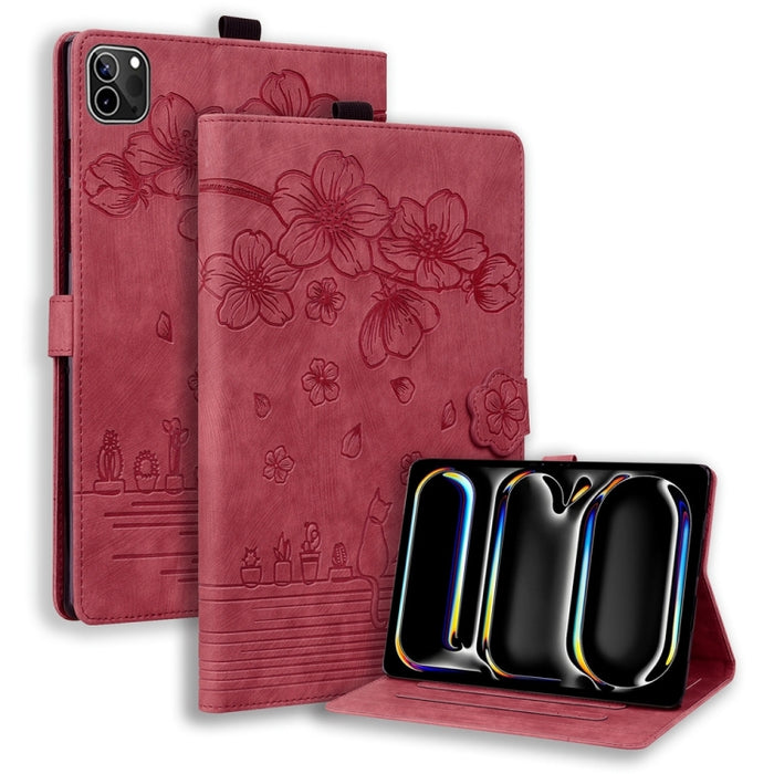 Funda para tableta de cuero inteligente con relieve de gato Sakura de dibujos animados, For iPad Pro 13 2025 / 2024, For iPad Pro 11 2025 / 2024, For iPad mini 6 / mini 2024, For iPad Pro 12.9 2022 / 2021, For iPad Pro 11 2022 / Air 10.9 2022          ...