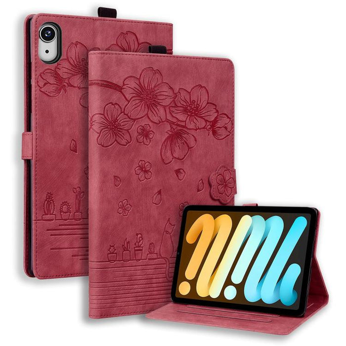Funda para tableta de cuero inteligente con relieve de gato Sakura de dibujos animados, For iPad mini 8 2026, For iPad Pro 13 2025 / 2024, For iPad Pro 11 2025 / 2024, For iPad mini 6 / mini 2024, For iPad Pro 12.9 2022 / 2021                          ...