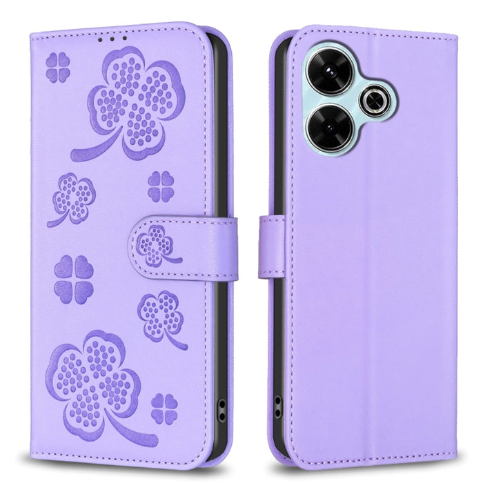 Funda para teléfono de cuero con relieve de cuatro hojas, For Xiaomi Poco M6 4G / Redmi 13 4G, For Xiaomi Redmi A3, For Xiaomi Redmi Note 13 Pro 4G Global, For Xiaomi Redmi Note 13 4G Global, For Xiaomi Redmi Note 13, For Xiaomi Redmi 13C              ...