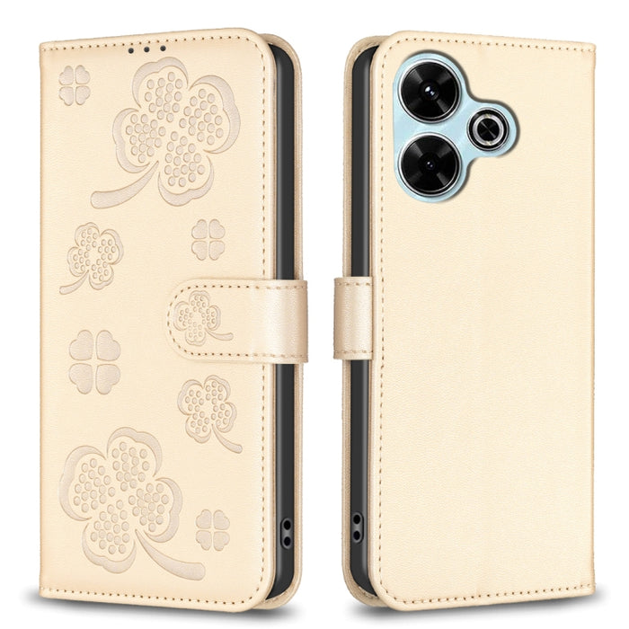 Funda para teléfono de cuero con relieve de cuatro hojas, For Xiaomi Poco M6 4G / Redmi 13 4G, For Xiaomi Redmi A3, For Xiaomi Redmi Note 13 Pro 4G Global, For Xiaomi Redmi Note 13 4G Global, For Xiaomi Redmi Note 13, For Xiaomi Redmi 13C              ...