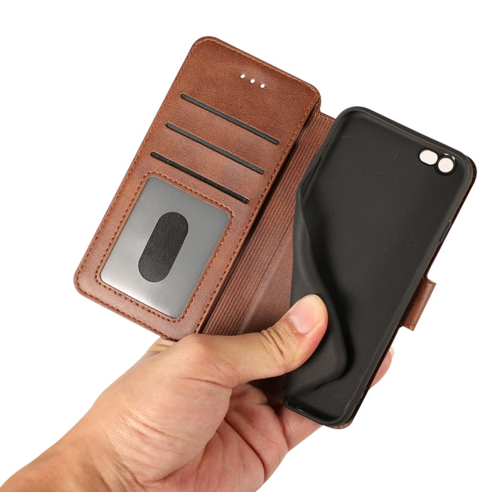 Funda de cuero con tapa horizontal y hebilla magnética con textura de becerro, con soporte y ranuras para tarjetas, billetera y marco de fotos