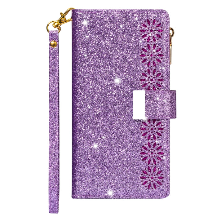 Ranuras para múltiples tarjetas Starry Sky Laser Carving Glitter Zipper Funda de cuero con tapa horizontal con soporte, billetera y cordón